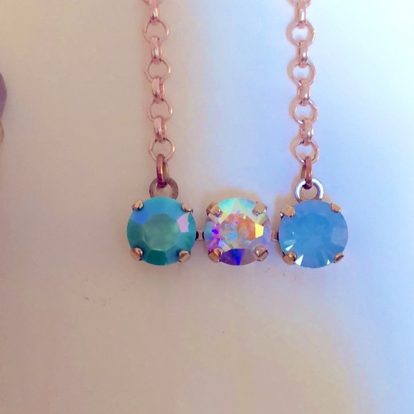 Iridescent Turquoise, Light Sapphire Opal +AB Crystal Bar Necklace - Picture 4 of 11